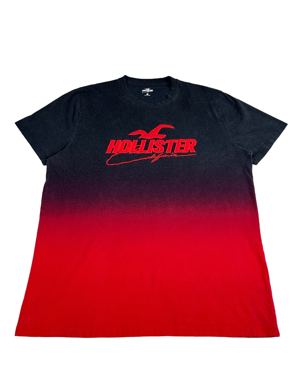 Hollister Ombre Red Black Tee Large Embroidered Logo Y2K Streetwear Fade Shirt